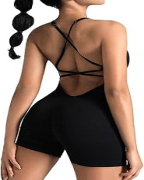 Cross Back Romper, Sleeveless One-Piece with V-Back & Scrunch....