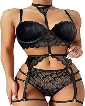 Women's Lace Lingerie Set with Garter Straps, Black, 3-Piece
