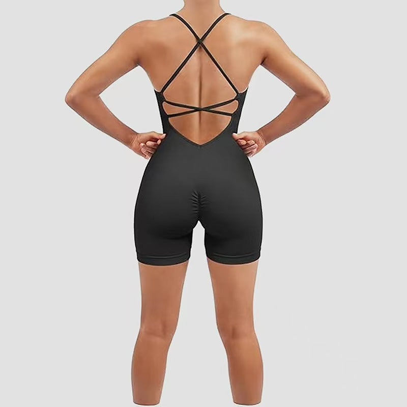 Cross Back Romper, Sleeveless One-Piece with V-Back & Scrunch....